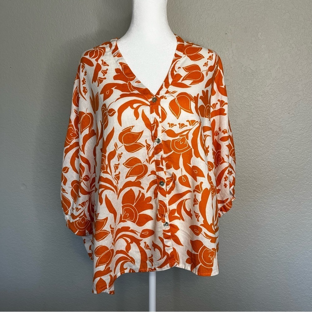 Christian Siriano Floral Orange and White Button-Up Linen Blouse Size Medium